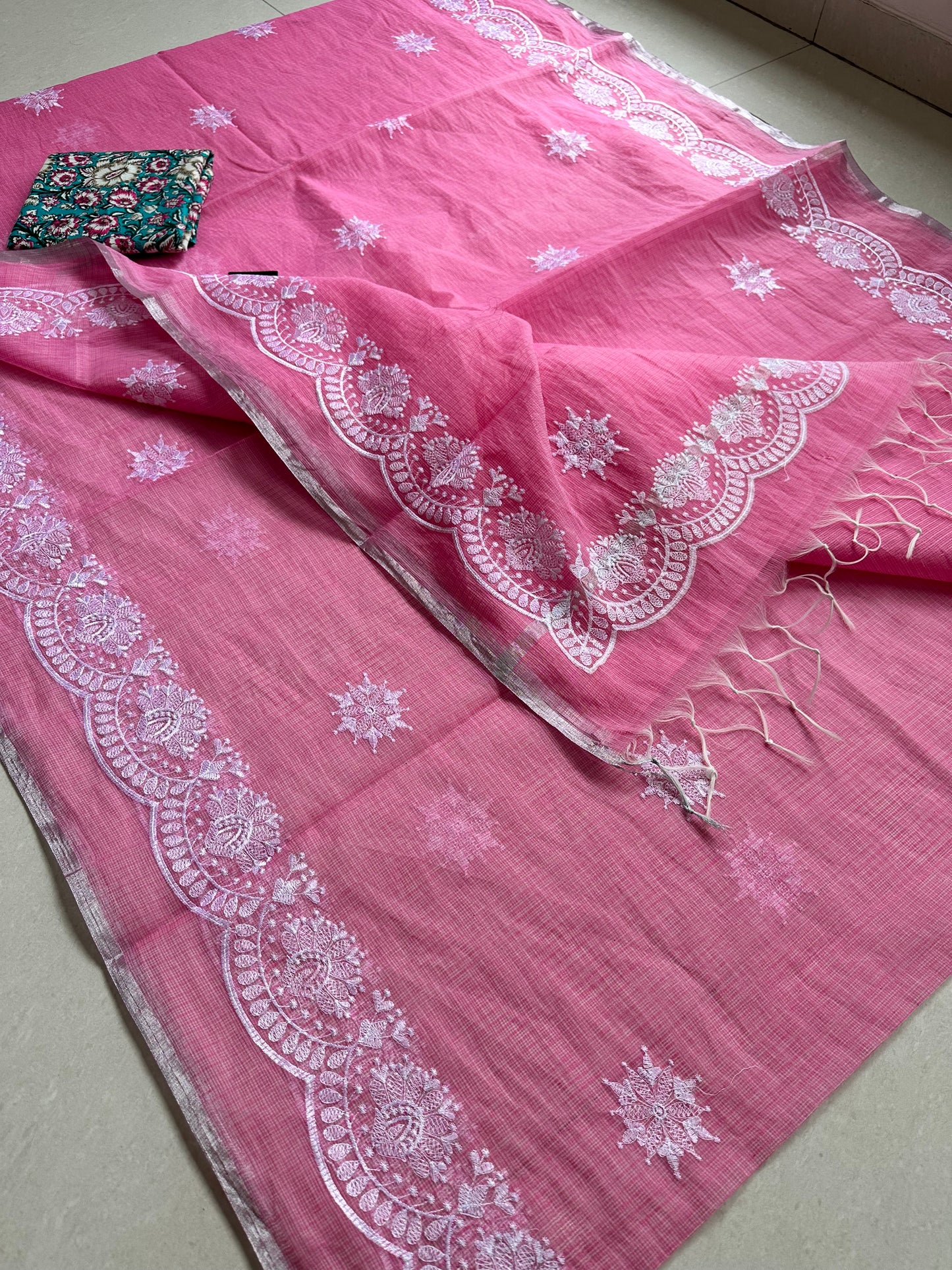 Embroidered Kota Cotton Doria Saree