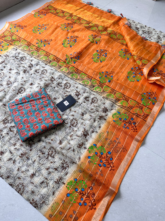 HandBlock Printed Pure Kota Cotton Doria Saree