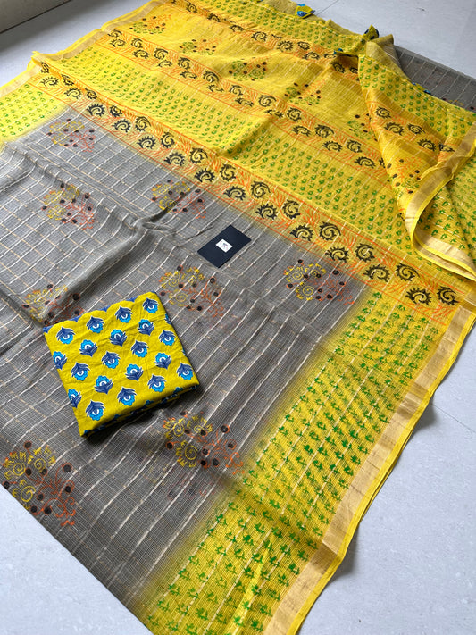 HandBlock Printed Pure Kota Cotton Doria Saree