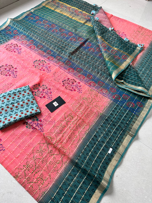 HandBlock Printed Pure Kota Cotton Doria Saree