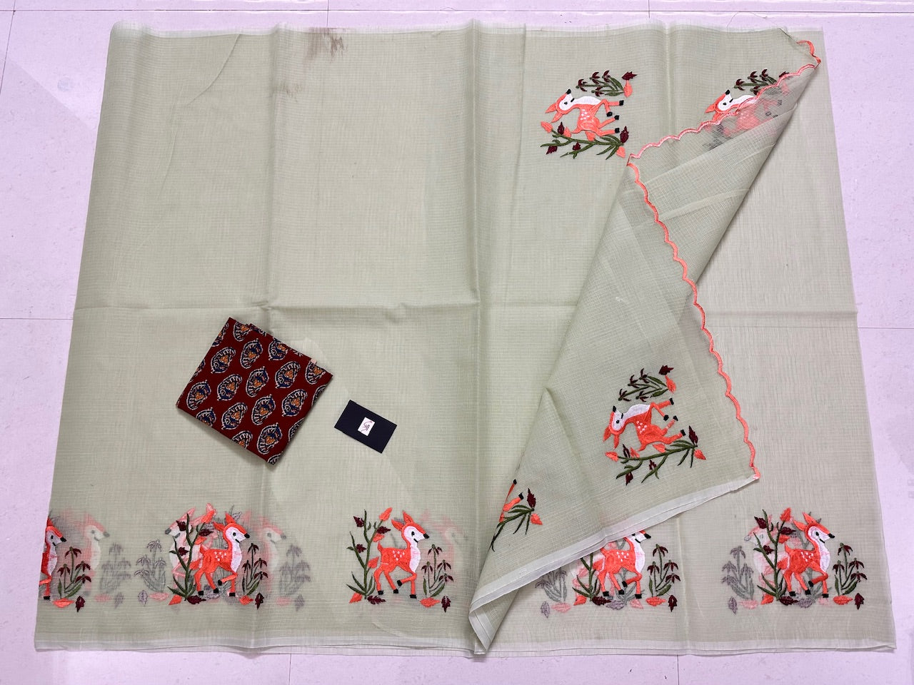 Embroidered Kota Cotton Doria Saree