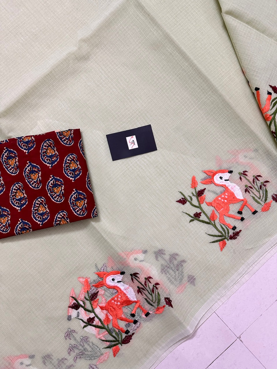 Embroidered Kota Cotton Doria Saree