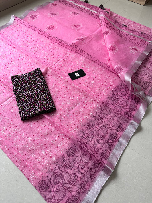 HandBlock Printed Kota Cotton Doria Saree