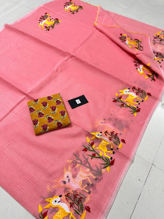 Embroidered Kota Cotton Doria Saree