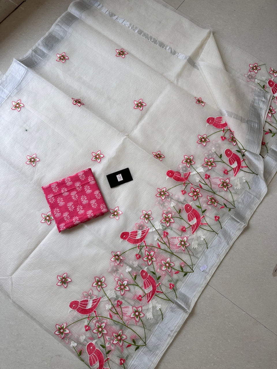 Embroidered Kota Cotton Doria Saree