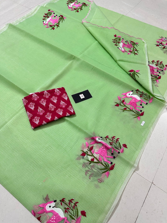 Embroidered Kota Cotton Doria Saree