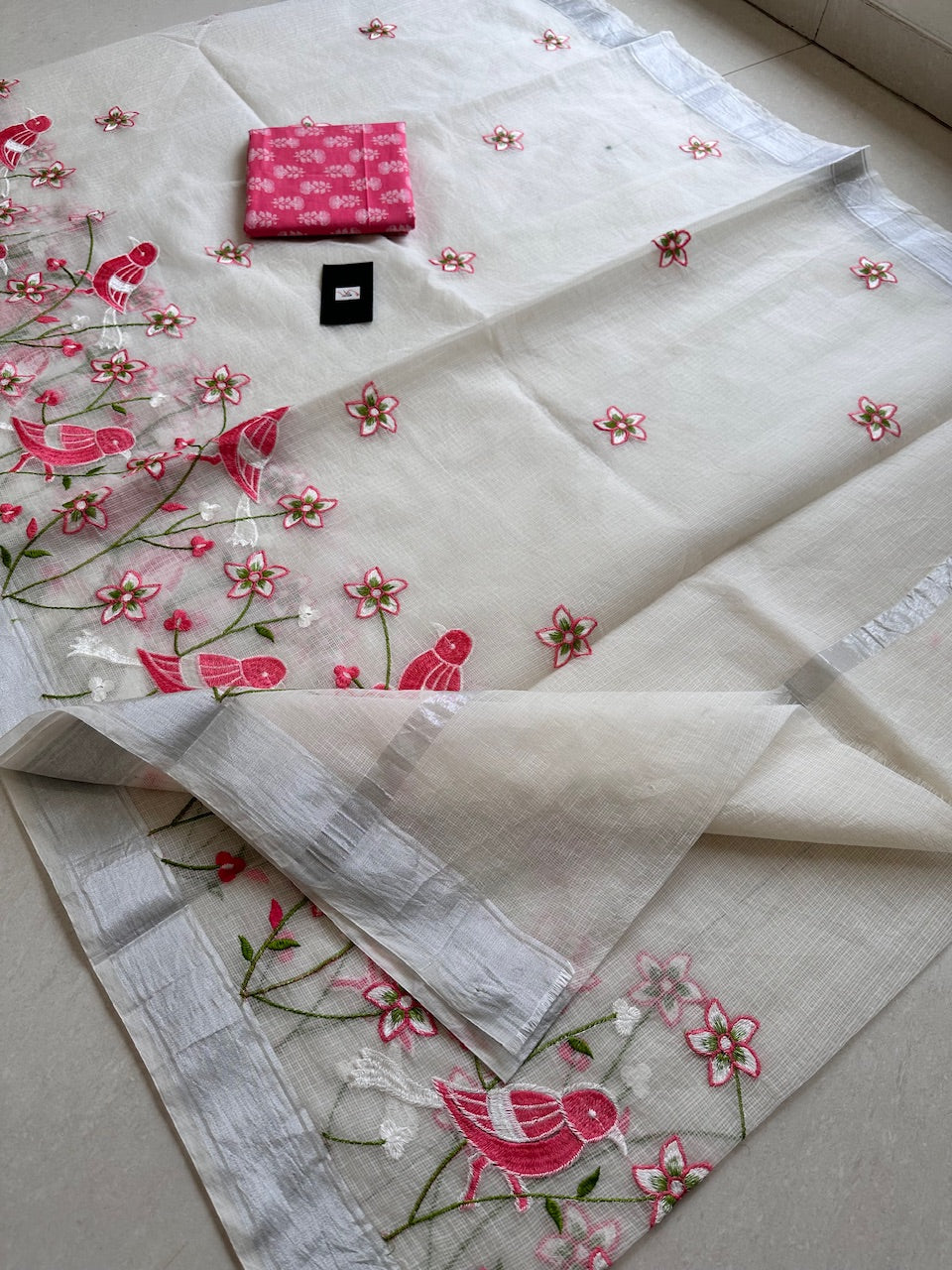 Embroidered Kota Cotton Doria Saree