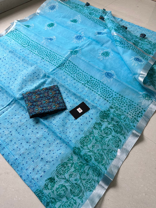 HandBlock Printed Kota Cotton Doria Saree