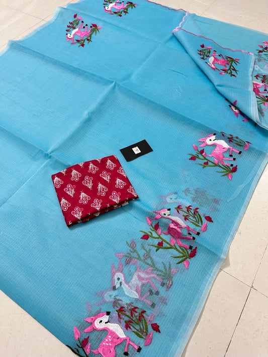 Embroidered Kota Cotton Doria Saree