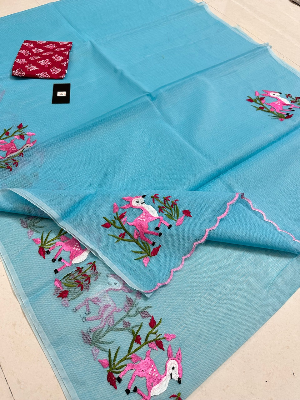 Embroidered Kota Cotton Doria Saree