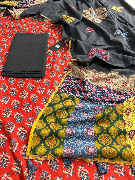 Pure HandBlock Printed Premium Cotton Suit with Appliquéd Dupatta