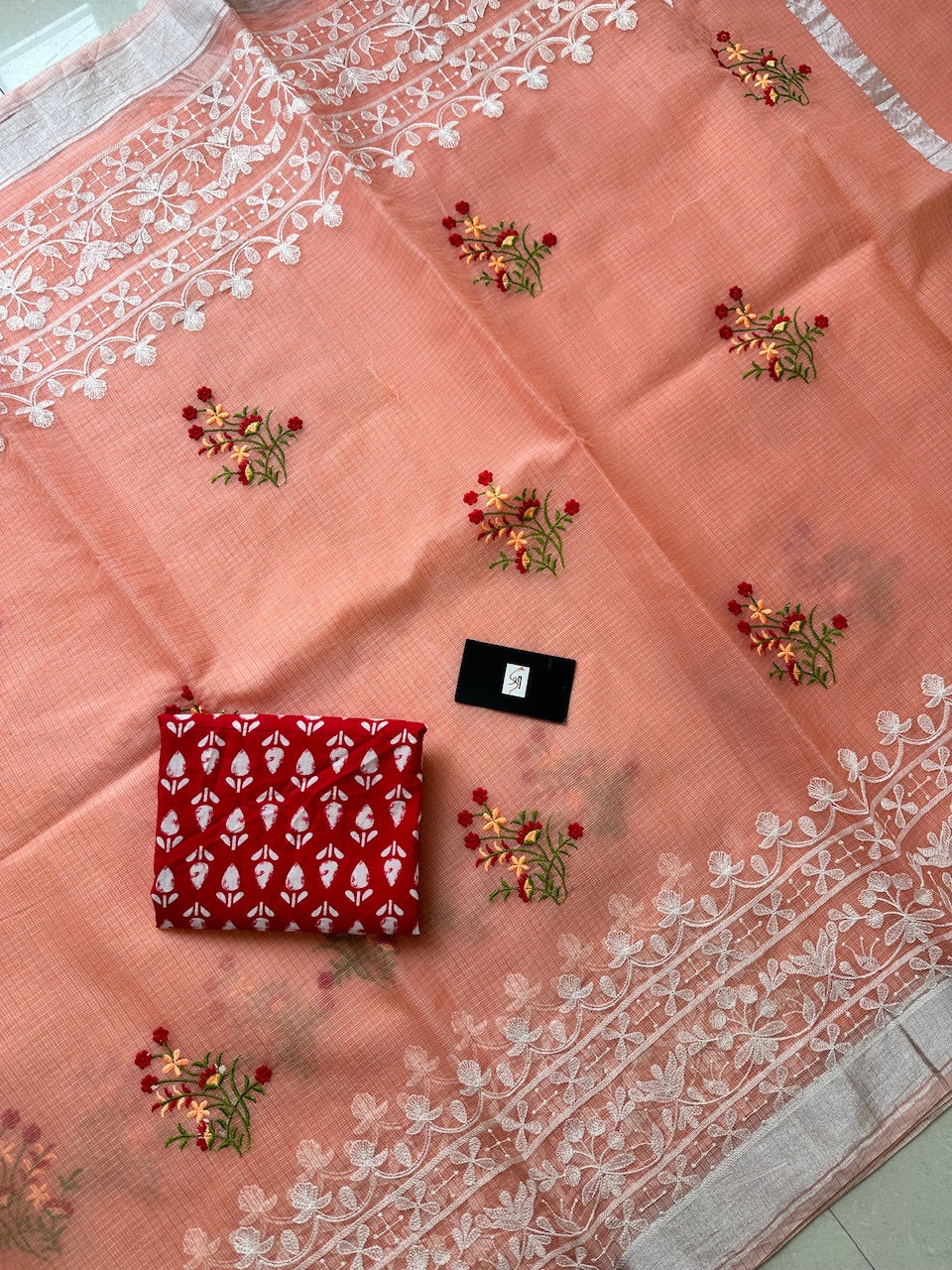 Embroidered Kota Cotton Doria Saree