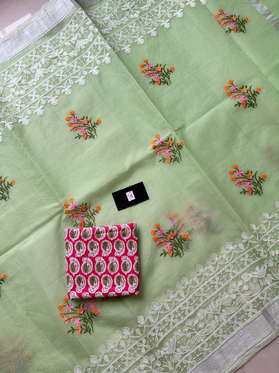 Embroidered Kota Cotton Doria Saree