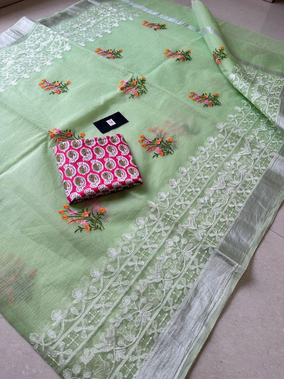 Embroidered Kota Cotton Doria Saree