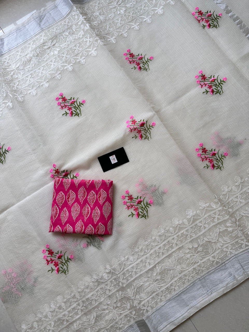 Embroidered Kota Cotton Doria Saree