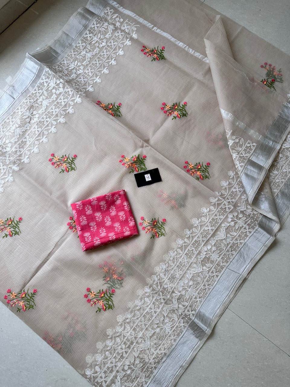 Embroidered Kota Cotton Doria Saree