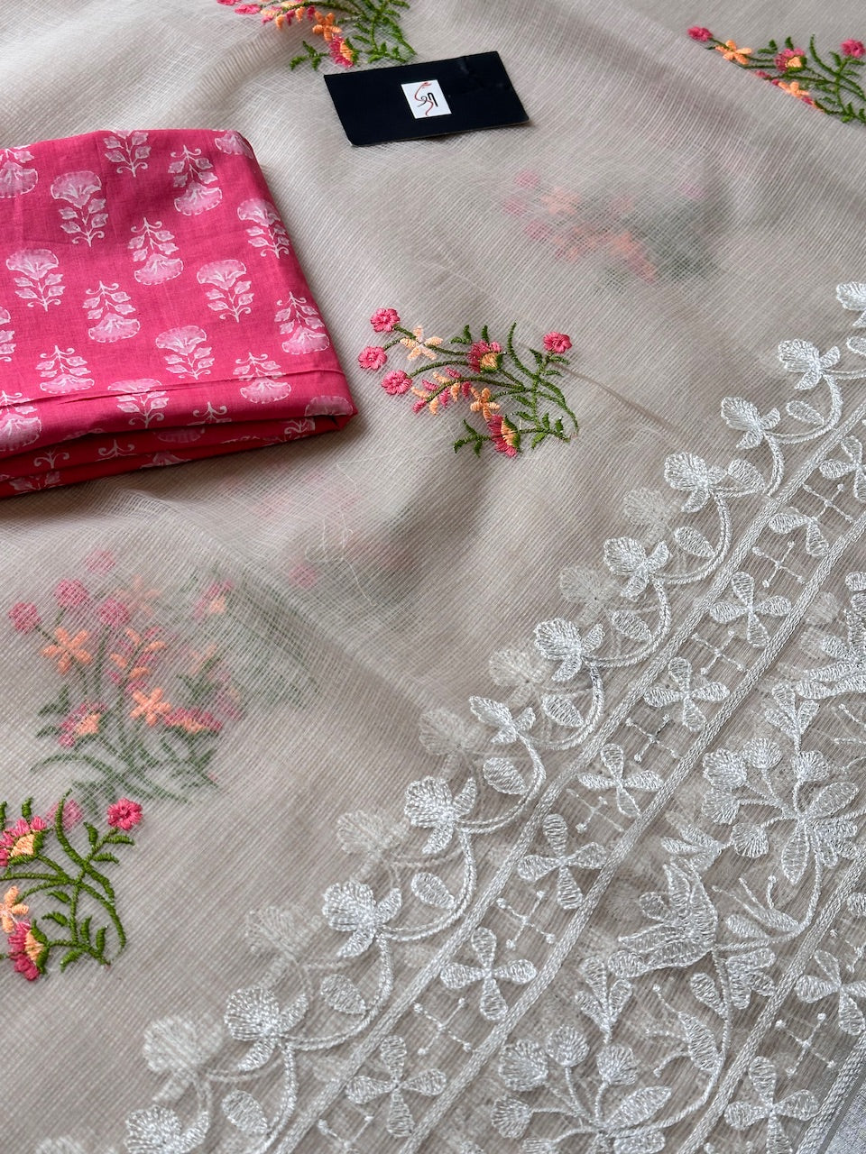 Embroidered Kota Cotton Doria Saree