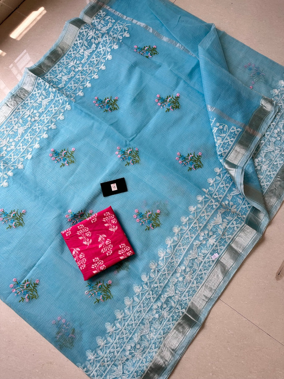 Embroidered Kota Cotton Doria Saree