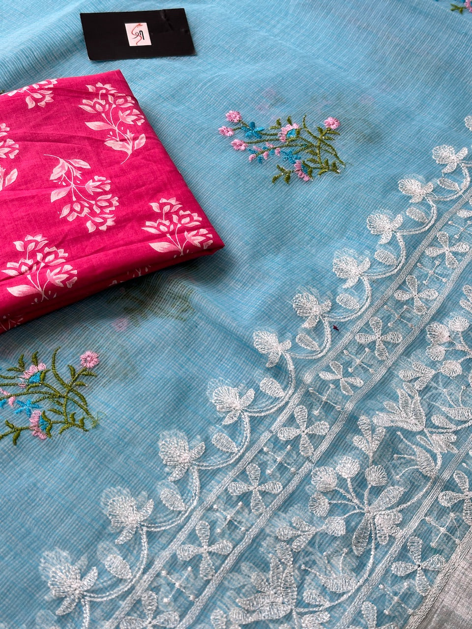 Embroidered Kota Cotton Doria Saree