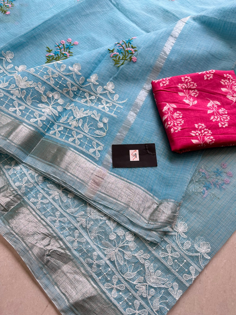 Embroidered Kota Cotton Doria Saree