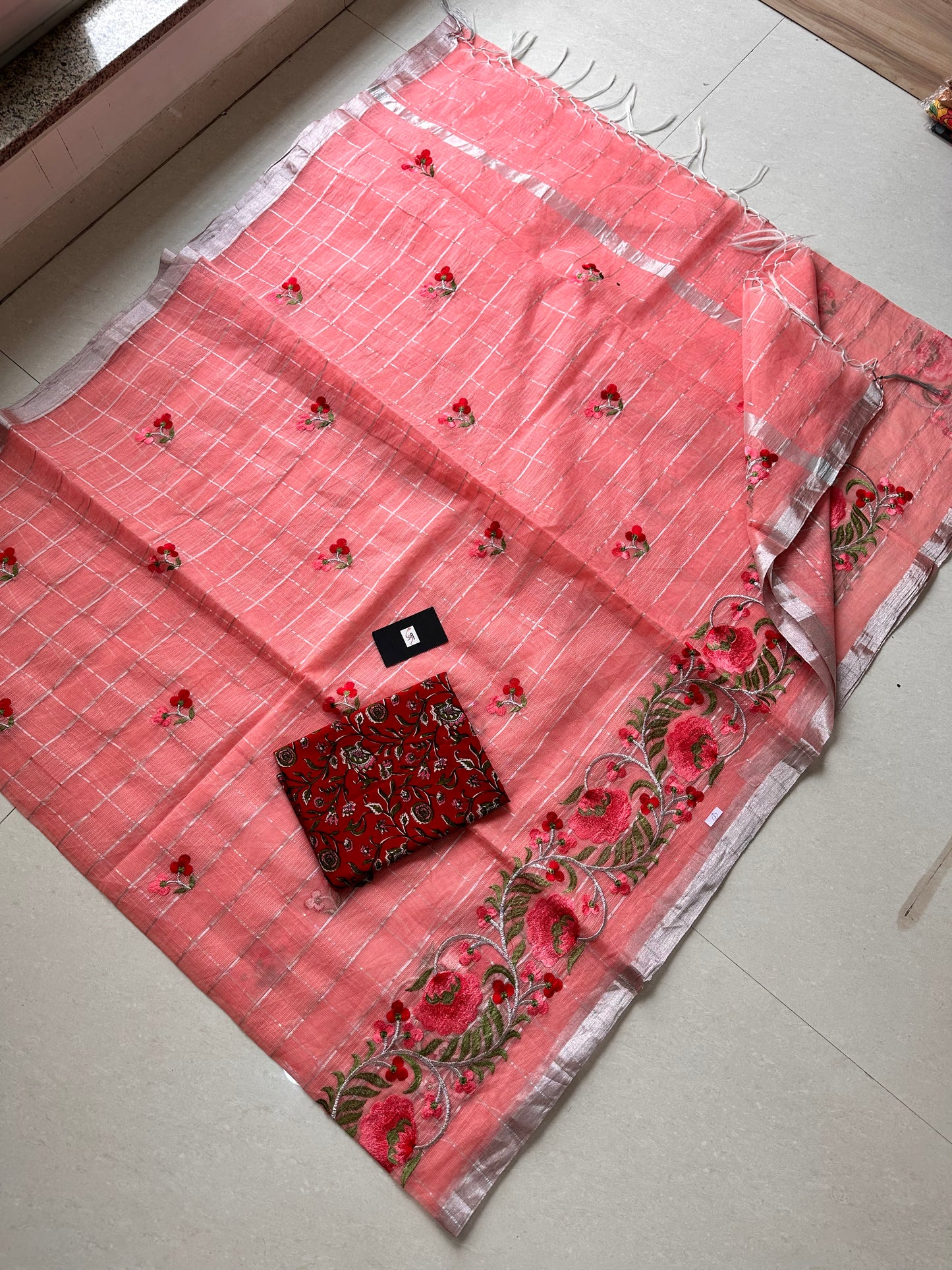 Embroidered Kota Cotton Doria Saree