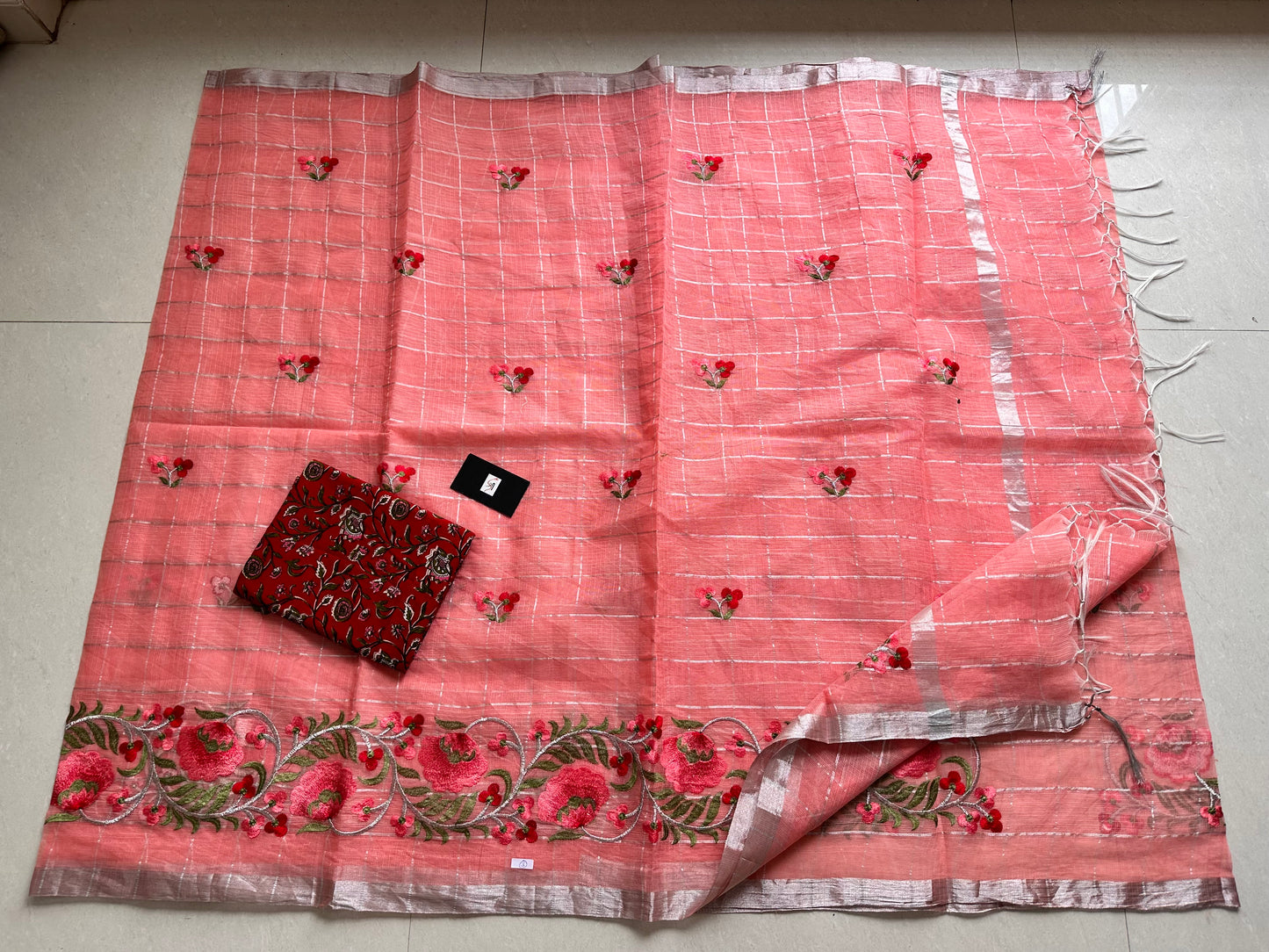 Embroidered Kota Cotton Doria Saree