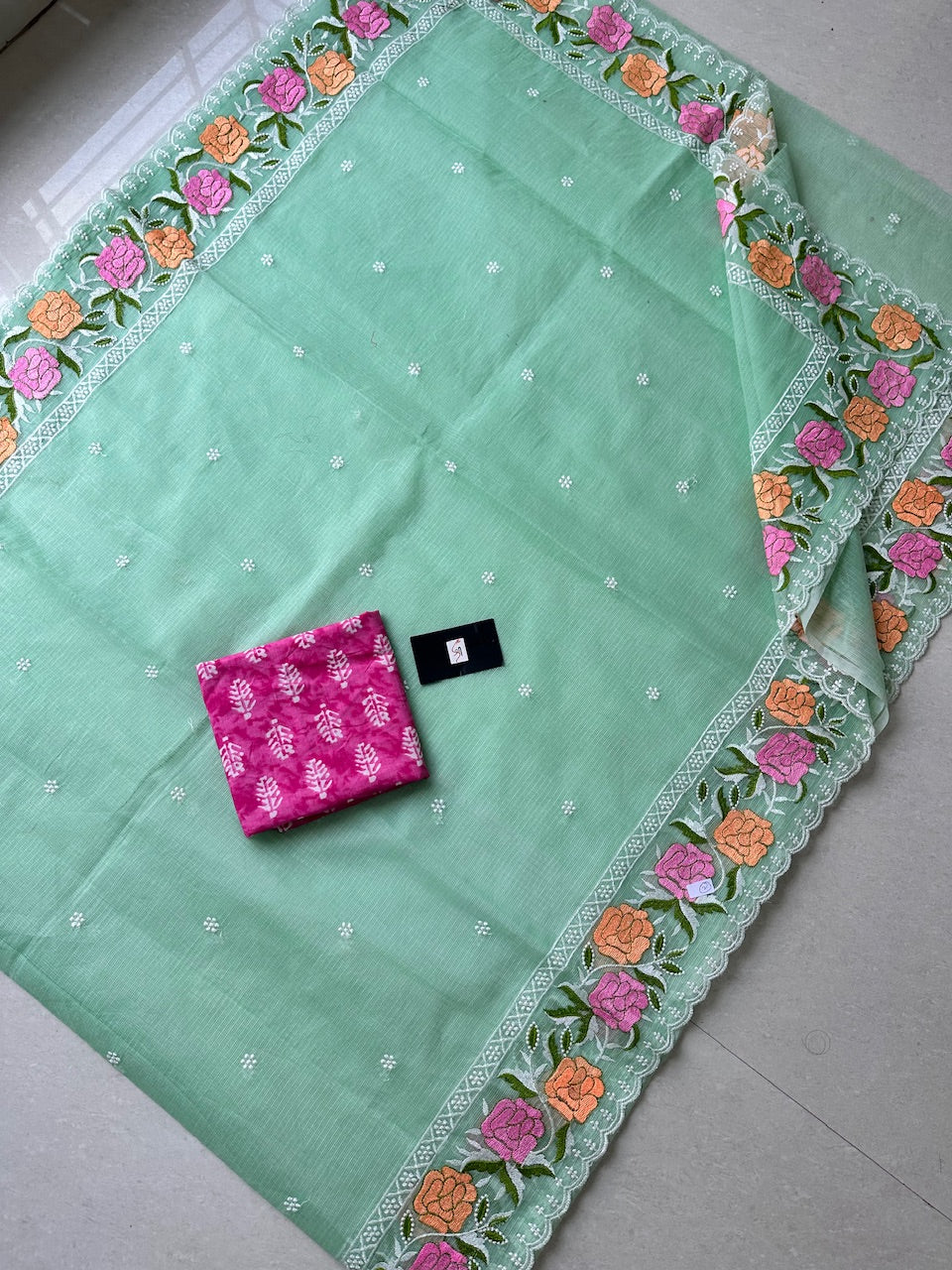 Embroidered Kota Cotton Doria Saree