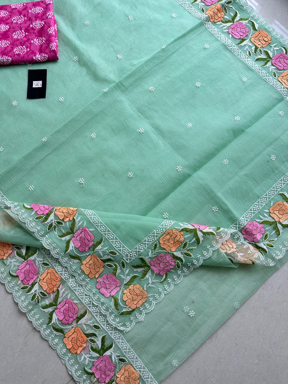 Embroidered Kota Cotton Doria Saree