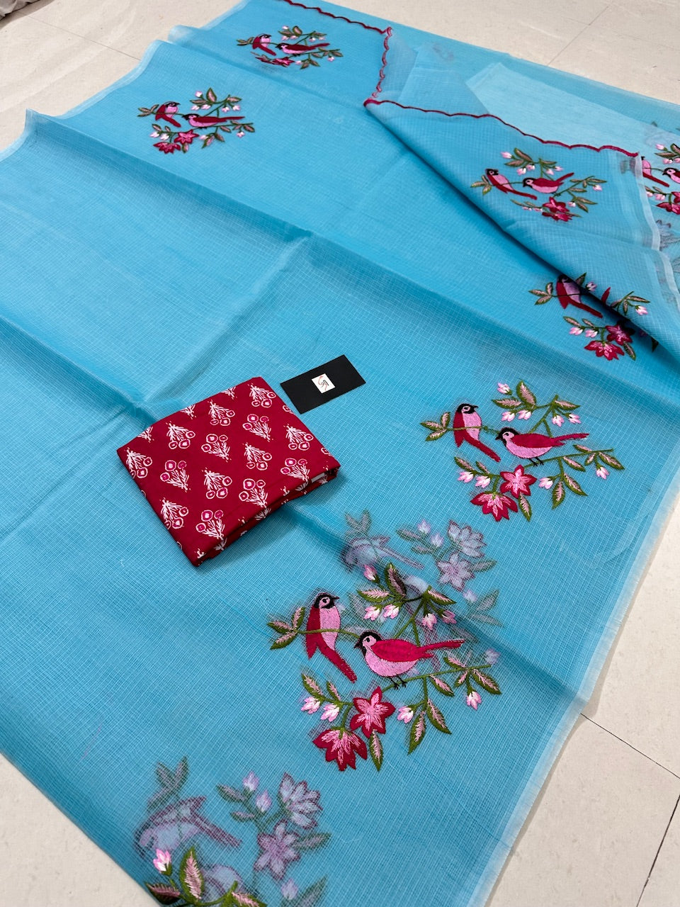 Embroidered Kota Cotton Doria Saree