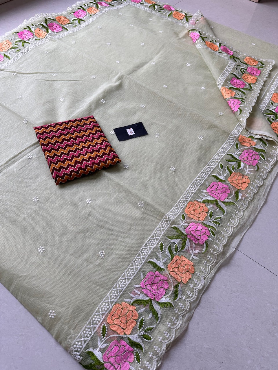 Embroidered Kota Cotton Doria Saree