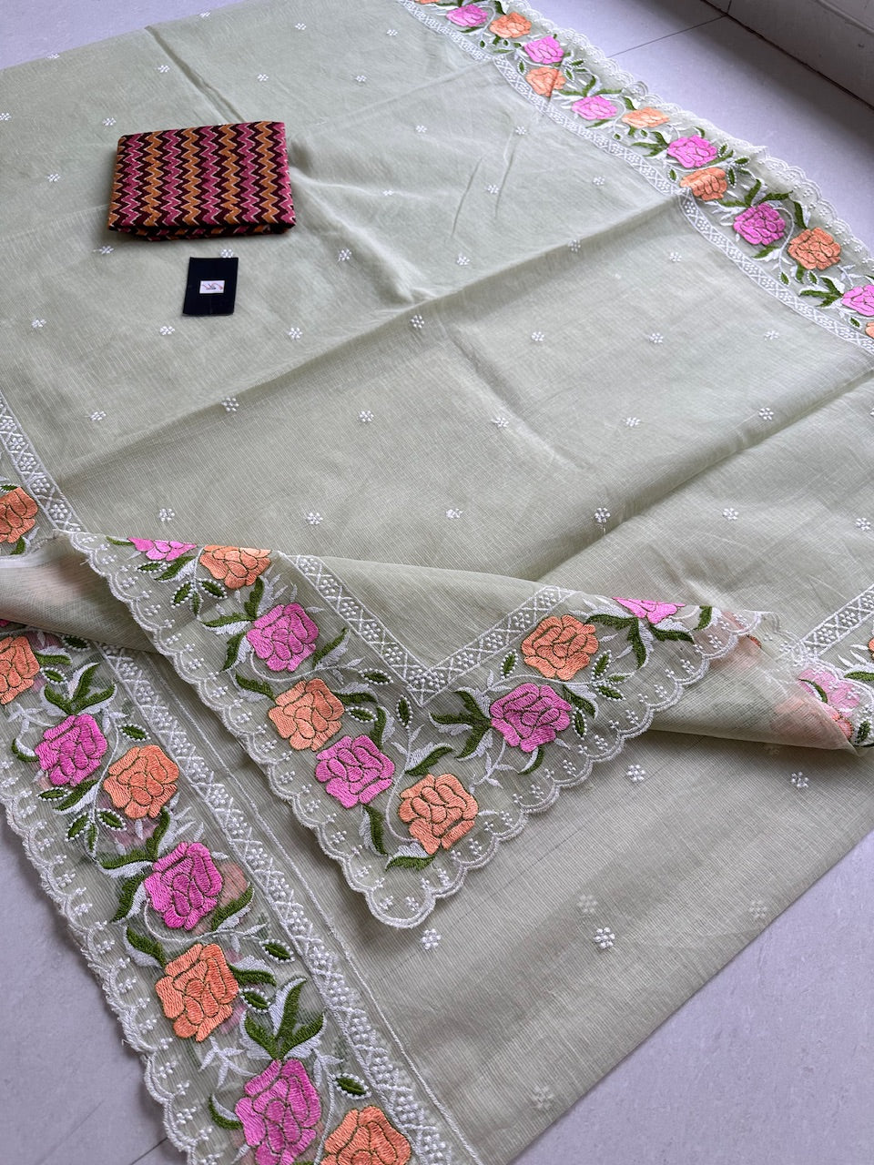 Embroidered Kota Cotton Doria Saree