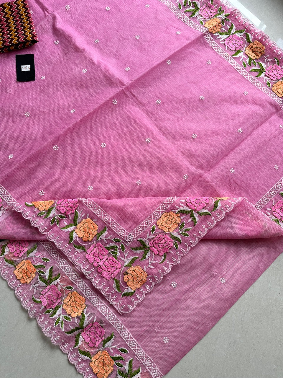 Embroidered Kota Cotton Doria Saree