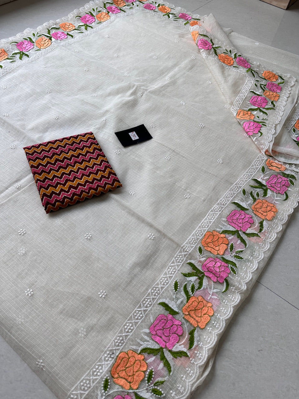 Embroidered Kota Cotton Doria Saree