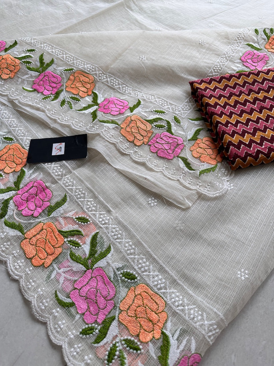 Embroidered Kota Cotton Doria Saree