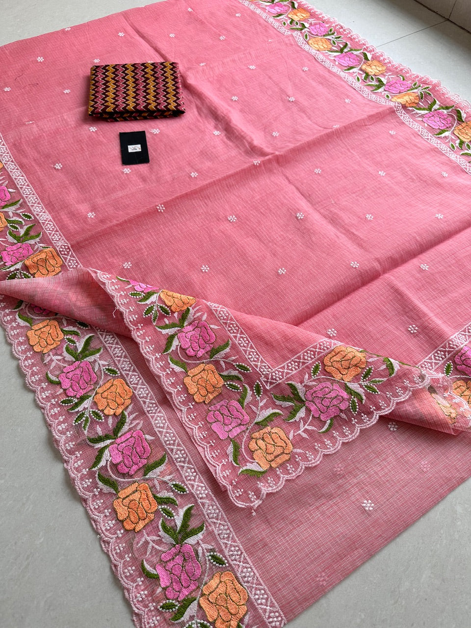 Embroidered Kota Cotton Doria Saree