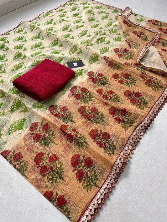 HandBlock Printed Pure Kota Cotton Doria Saree