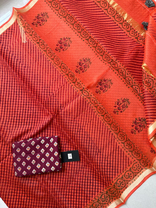 HandBlock Printed Kota Cotton Doria Saree