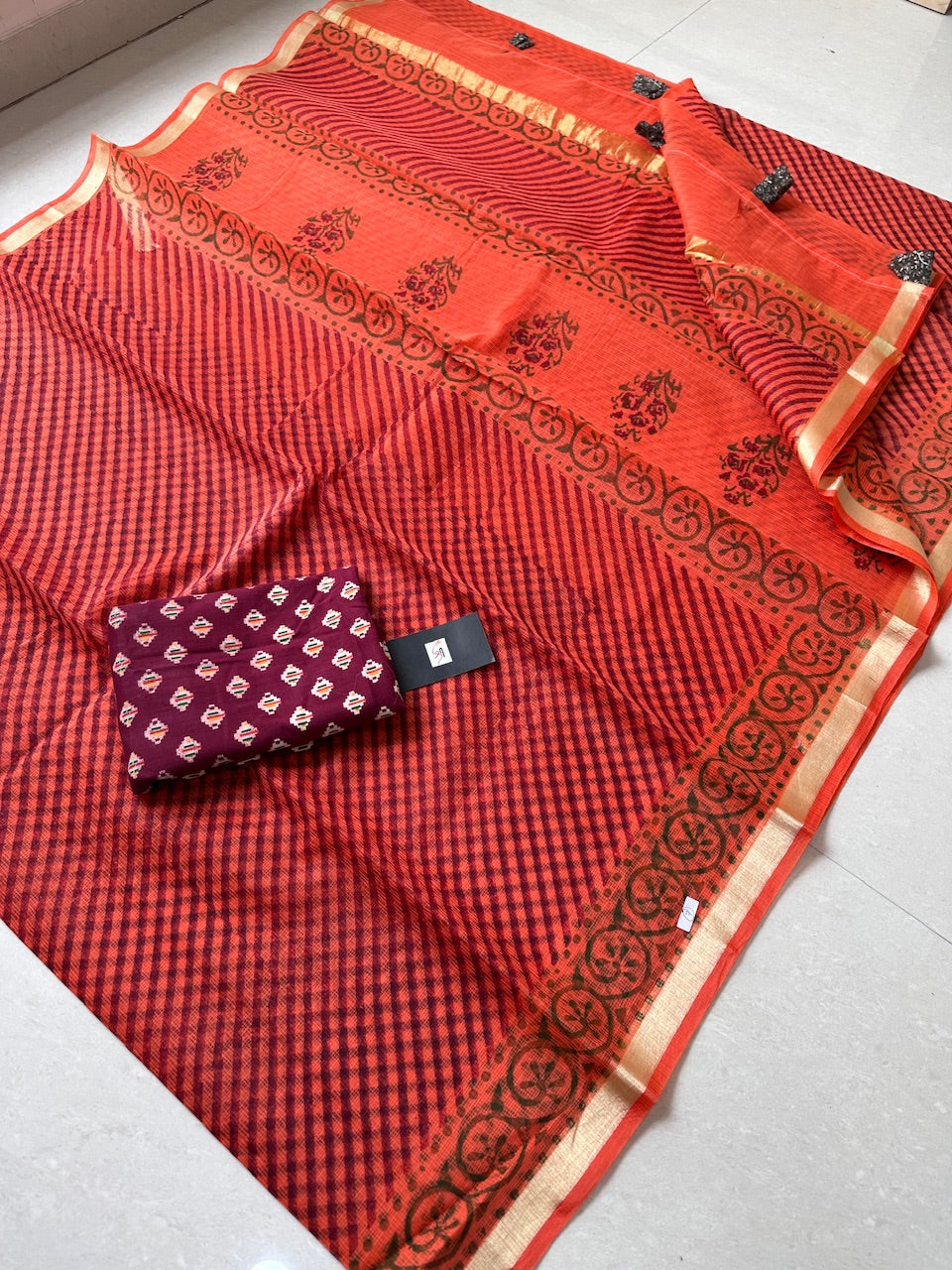 HandBlock Printed Kota Cotton Doria Saree