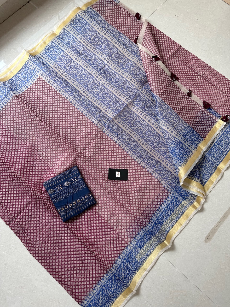 HandBlock Printed Kota Cotton Doria Saree