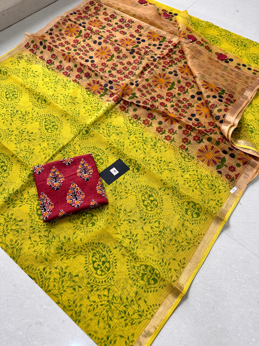 HandBlock Printed Pure Kota Cotton Doria Saree