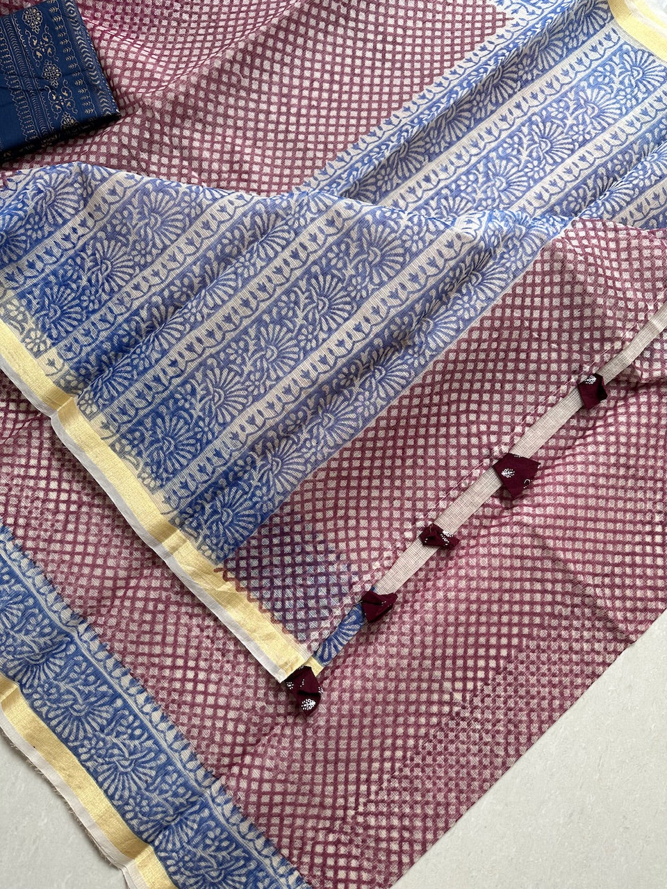 HandBlock Printed Kota Cotton Doria Saree