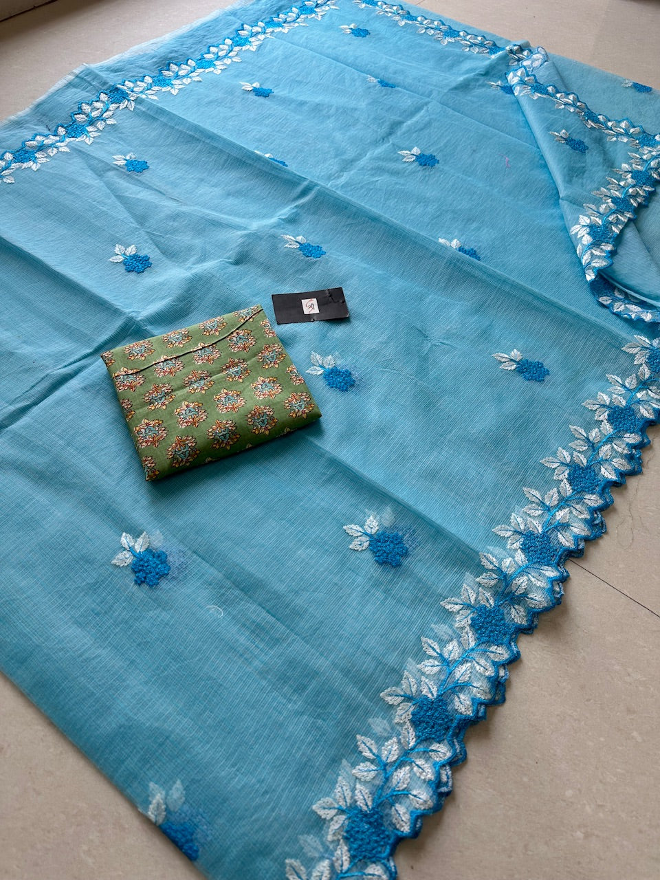 Embroidered Kota Cotton Doria Saree