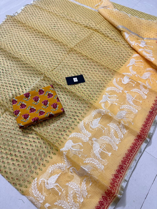 Embroidered HandBlock Printed Kota Cotton Doria Saree