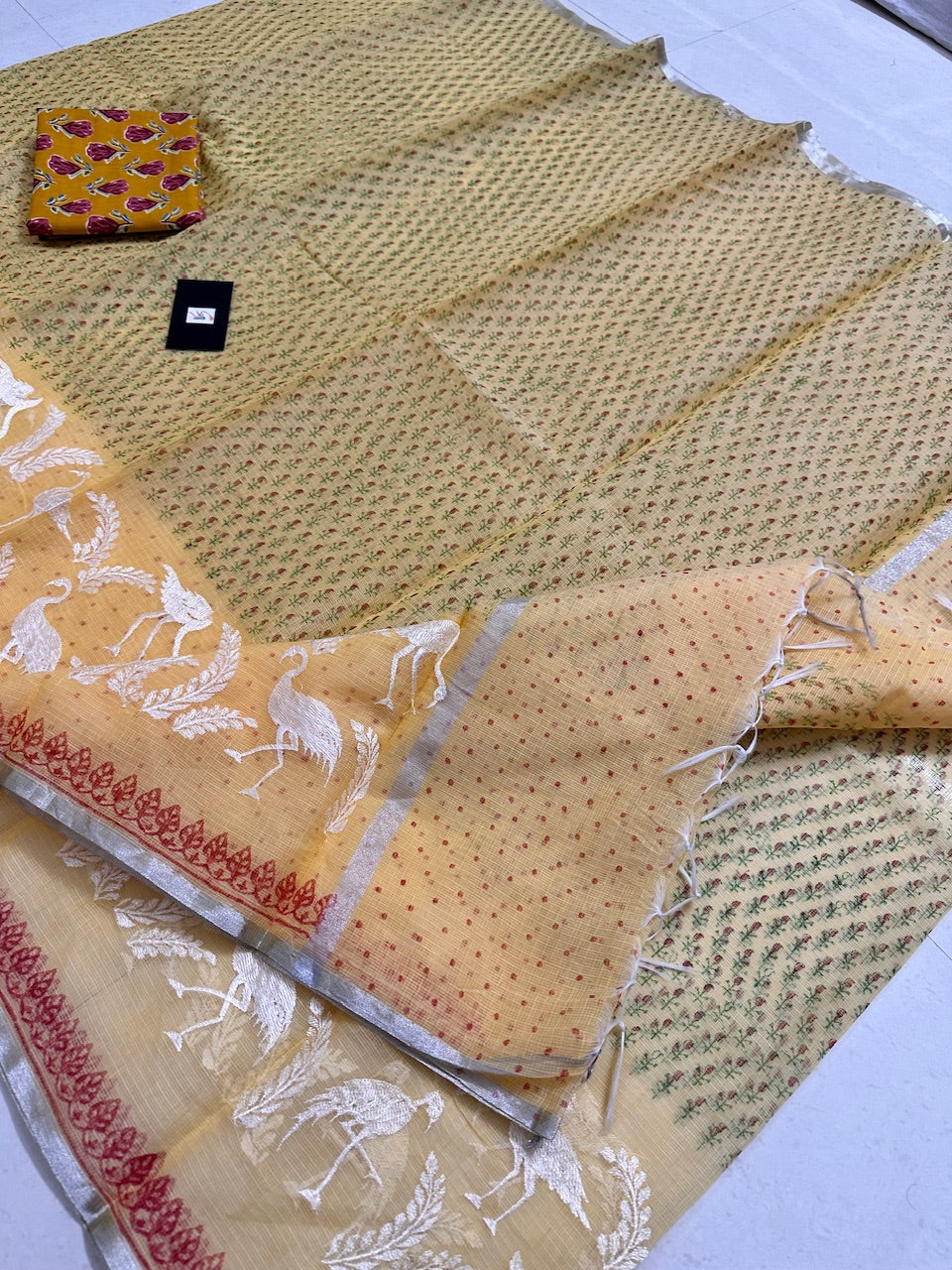 Embroidered HandBlock Printed Kota Cotton Doria Saree