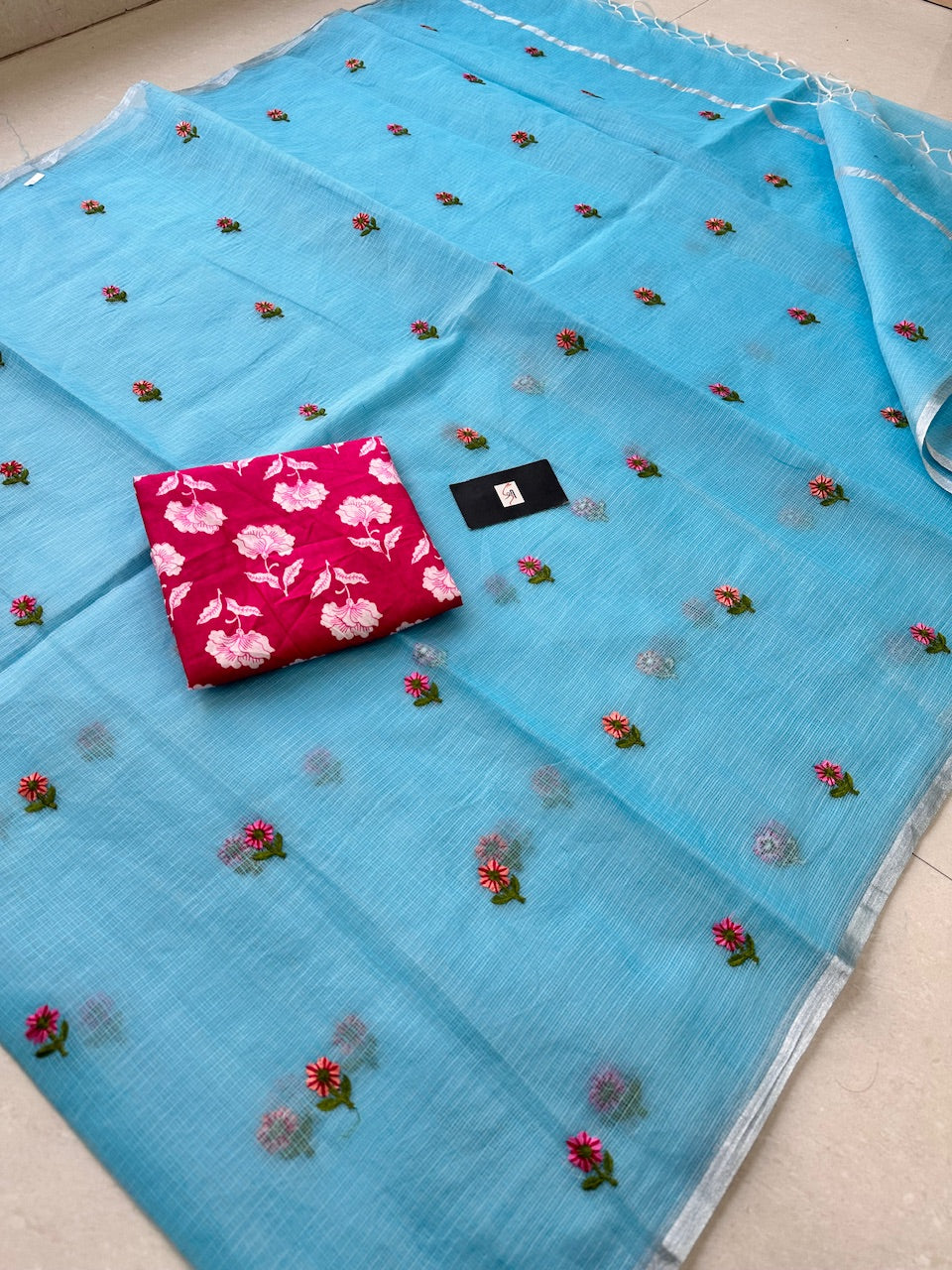 Embroidered Kota Cotton Doria Saree