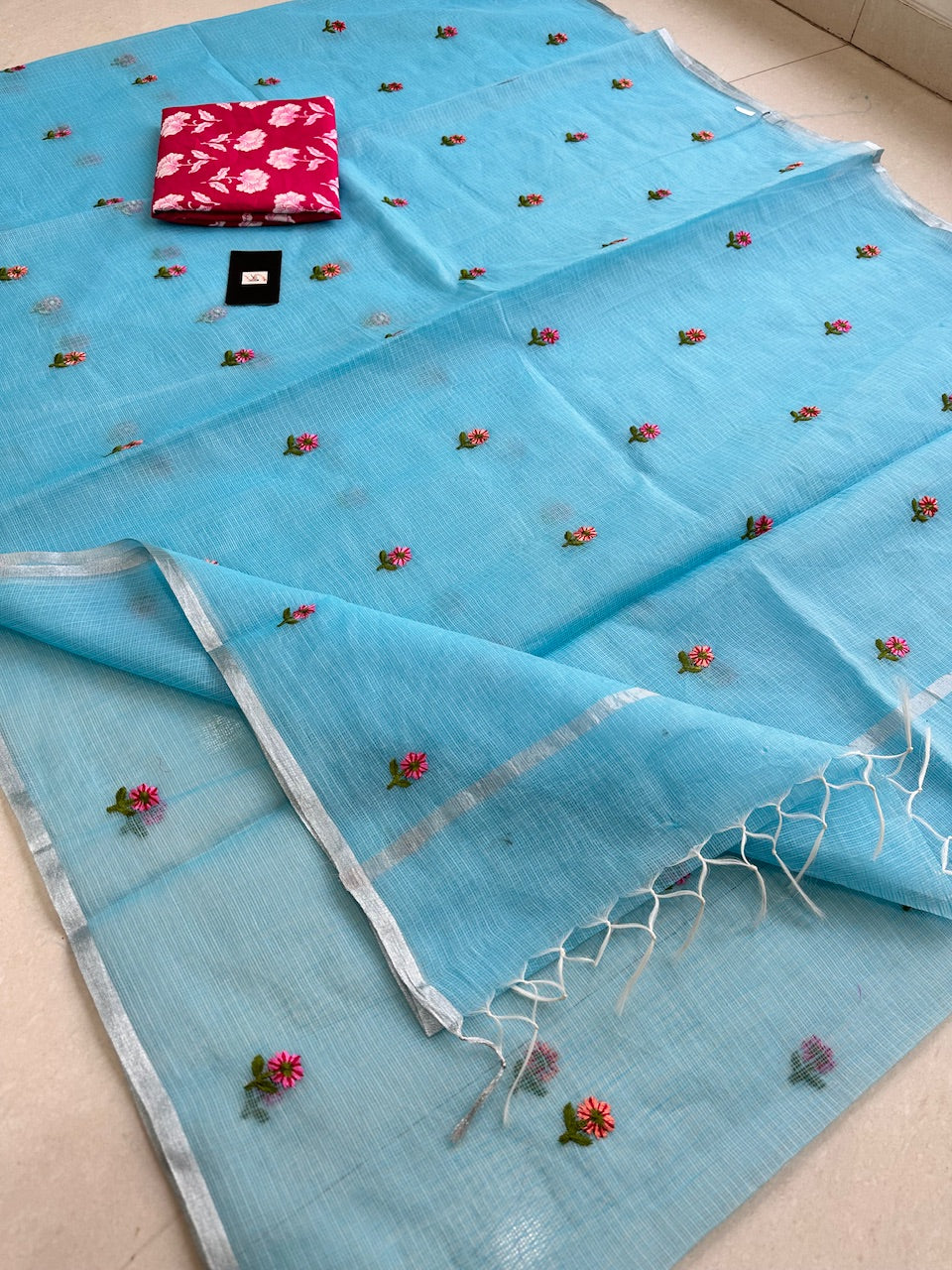 Embroidered Kota Cotton Doria Saree