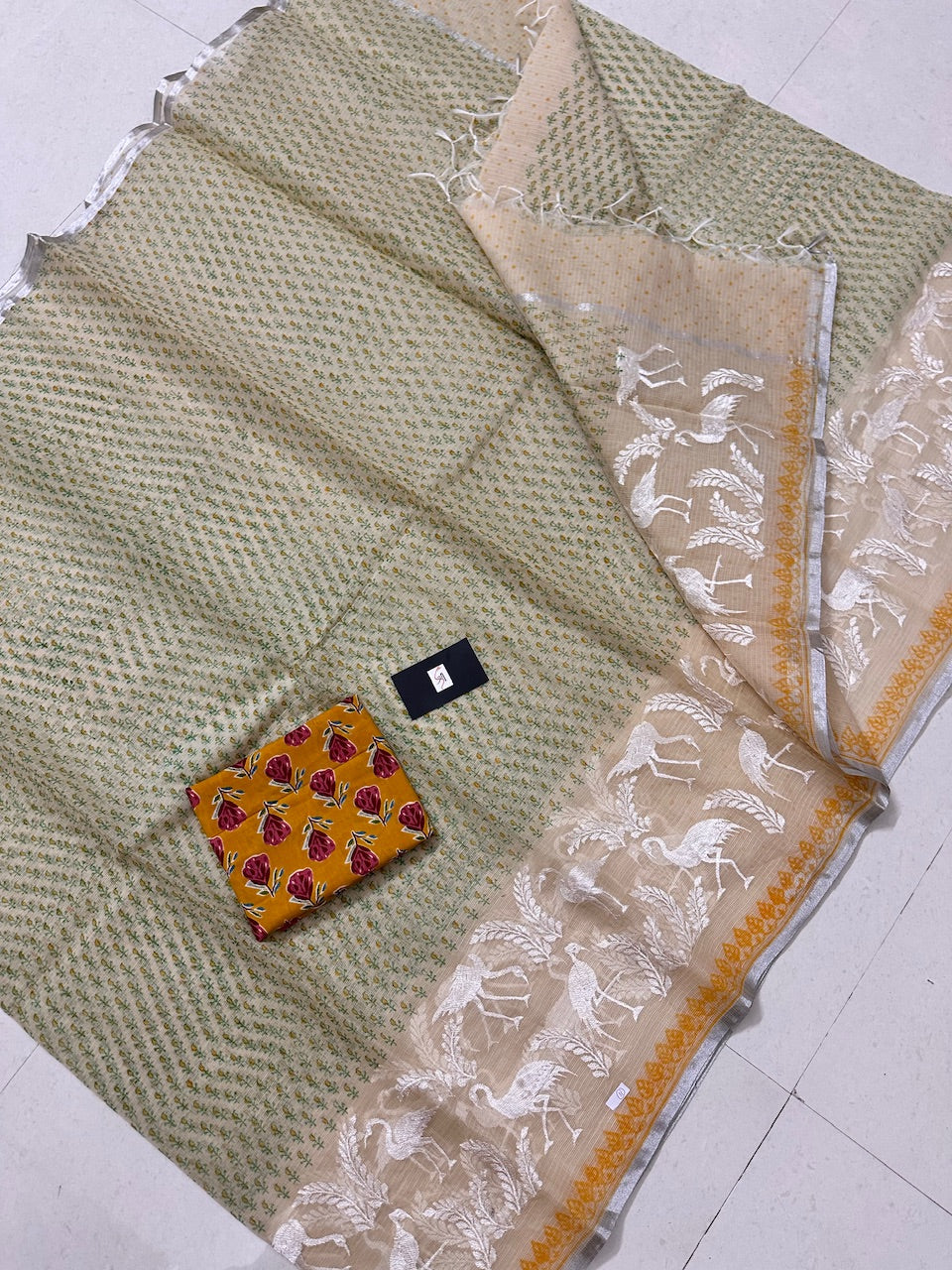 Embroidered HandBlock Printed Kota Cotton Doria Saree