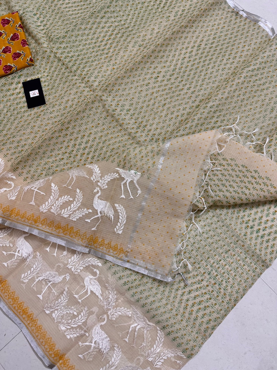 Embroidered HandBlock Printed Kota Cotton Doria Saree