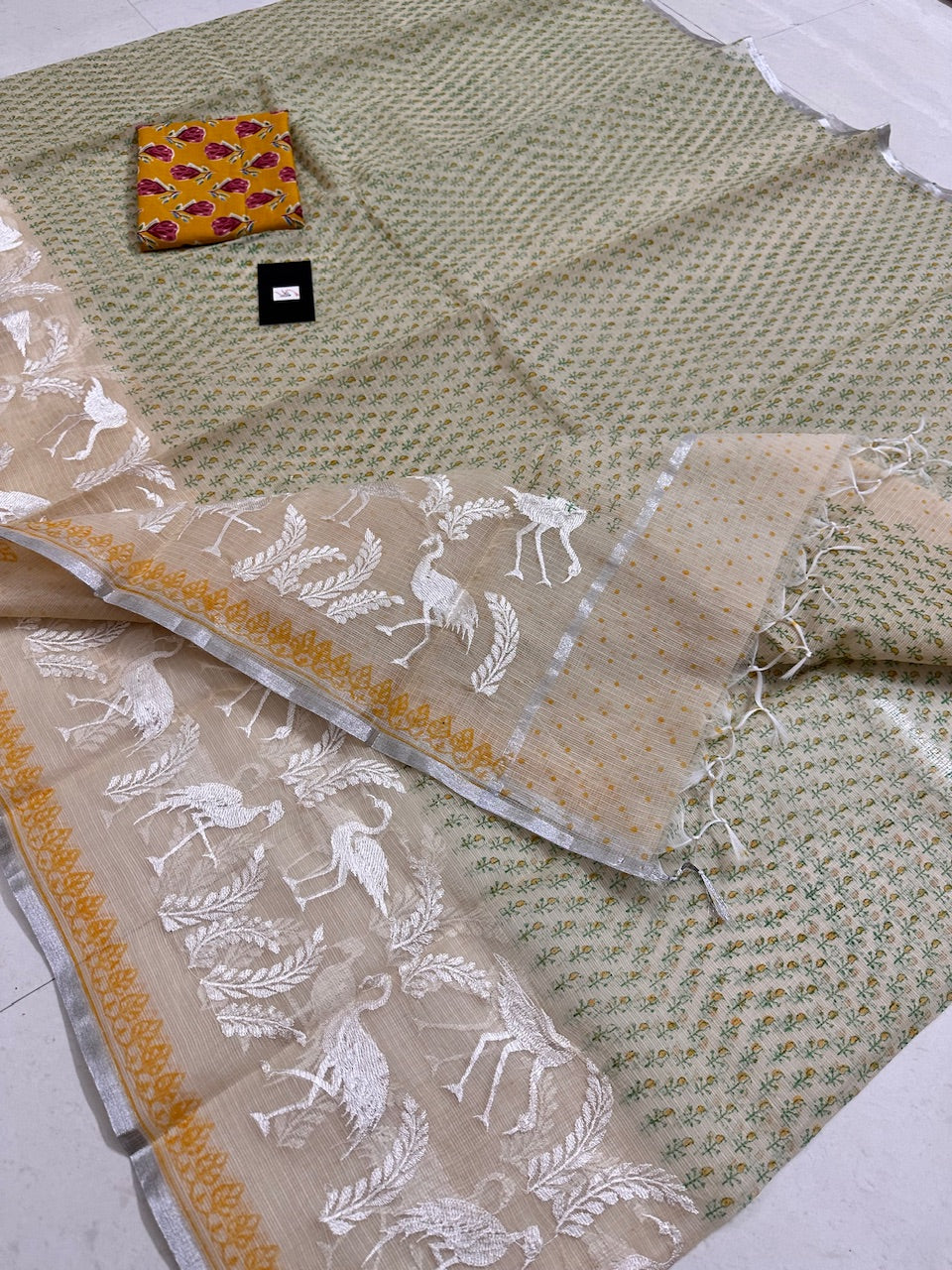 Embroidered HandBlock Printed Kota Cotton Doria Saree