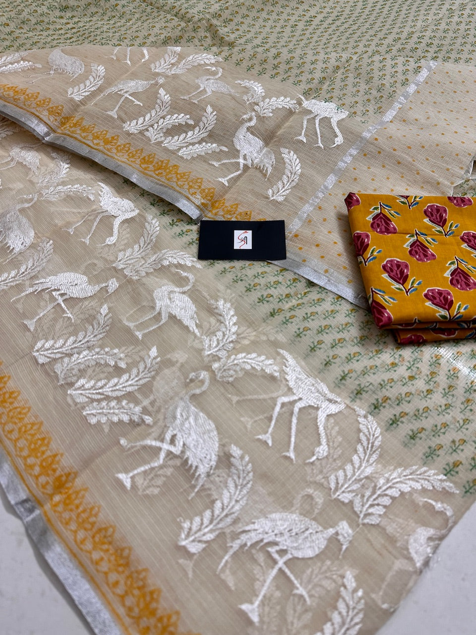 Embroidered HandBlock Printed Kota Cotton Doria Saree